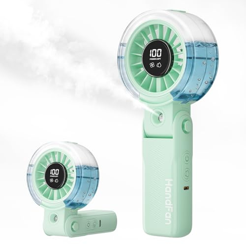 HandFan 4000mAh Handheld Turbo Misting Fan, 100 levels Adjustable Portable Mister Fan, Spray Water Mist Fans, Foldable Electric Mini Hand Fans for Summer Beach Travel Concerts Disney(Green)