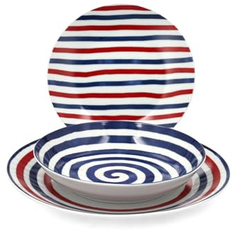 H&H Servizio Tavola Graphic da 18 Pezzi in Porcellana – Set Piatti per 6 Persone con Decoro a Righe Blu, Rosse e Bianche – Design Moderno e Funzionale