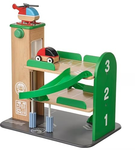 Toddler Wooden Car Garage Toy with Ramp & Lift | 3 Level Parking Garage Playset with Cars & Helicopter | Educational Vehicle Toy 18 Months+ | Kids Car Track Toy Gift | Bobzo