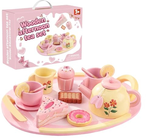 Kindergeschirr – Holz Tee Set | Wooden Tea Party Set - 15-Stück Zubehör für Puppenküche Rollenspiel Mädchen 3-8 Jahre Pädagogisches Spielzeug Rosa Blumen Geschenk Weihnachten Geburtstag Holz