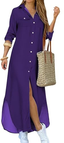 YMING Robe Femme Col et Ourlet V Chemise Manches Longues Robe Chemise Décontractée