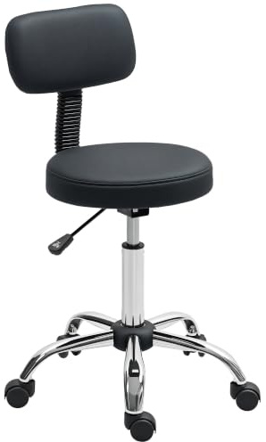 HOMCOM Tabouret réglable sur roulettes avec Dossier Amovible Noir | Chaise pivotante en similicuir, pour cuisine, salon spa, bar, bureau à domicile, massage.