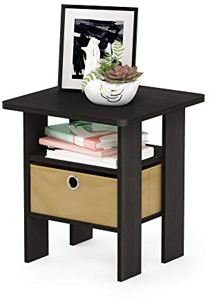 Furinno ANDREY Side Table, End Table, Night Stand with Open Shelves and Storage Bin, Bedside Table, for Living Room, Bedroom, Espresso