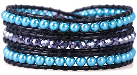 KELITCH Strang Armbänder Zum Frau Männer Blau Nachahmung Perlen Und Lila Kristall Glas Perlen Schwarz Leder Armband
