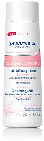 Mavala - Lait Démaquillant Caresse Clean & Comfort - Dermo-Nettoyant Visage et Yeux - Hydrate et Apaise - Mauve et Eau des Alpes - Peaux Sèches - 200ml