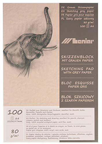 Honsell 31221 - Graubrauner Skizzenblock, 80 g/m², DIN A4, 100 Blatt, aus 100 Prozent ökologischem Recyclingpapier mit rauer Oberfläche, zum Zeichnen und Skizzieren