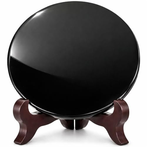 Polar Jade Schwarz Obsidian Wahrsager Spiegel (120 mm / 4.7 mit Holzständer)