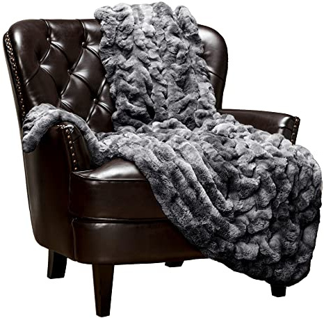 Chanasya Pläd i fuskpäls – elegant filt för soffa, soffa, säng, vardagsrum med mjuk sammet baksida, samtida, 50 x 65 tum, mörkgrå.