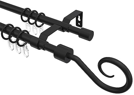 INTERDECO Gardinenstange ausziehbar 16/13 mm 2-läufig, Landhaus Teleskop-Vorhangstange aus Metall und Kunststoff, Schwarz, zur Wandmontage, Typ 12163221, 130-240 cm