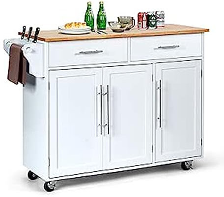 GOPLUS Küchenwagen auf Rollen, Mobile Kücheninsel mit 6 Fächer & 2 Schubladen, Verstellbaren Ablagen & Handtuchhalter, Servicewagen mit Arbeitsplatte(Weiß)
