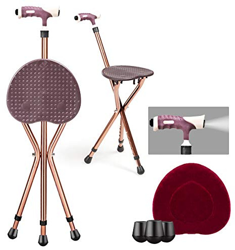 Goplus Walking Cane with Seat, Folding, Heavy Duty Aluminum Alloy Crutch Chair with LED Light and Retractable 3 Legs, Portable Seat Cane, Lightweight Walking Stick for Seniors Elderly