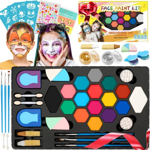 Kinderschminke Halloween, Halloween Schminke Kinder - 16+2 Große Schminkfarben, 2 Haarkreide, 2 Glitzer, 116 Strasssteine, 32 Schablonen, Komplettes Schmink Set für Halloween Make Up,Karnevalsschminke