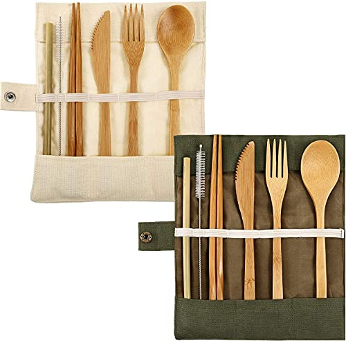 Reisebesteck Umweltfreundliches Besteckset 2 Packungen Mehrwegmesser Gabel Löffel Stäbchen Strohhalme Pinsel (Beige und Grün)