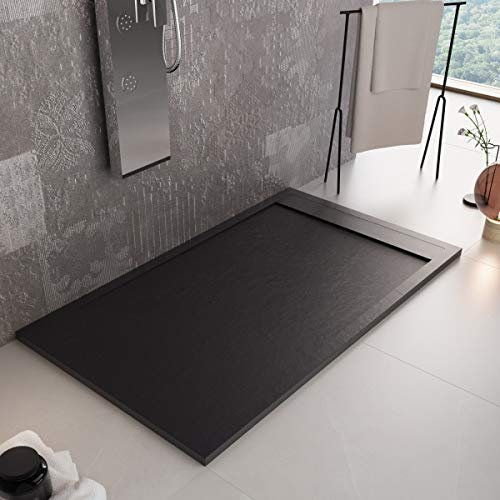 Luminosa ArredoBagno Piatto Doccia Resina 160x90 - Effetto Pietra Antiscivolo con GELCOAT - Modello Luxury Nero - Griglia in Tinta Unita e piletta Incluse