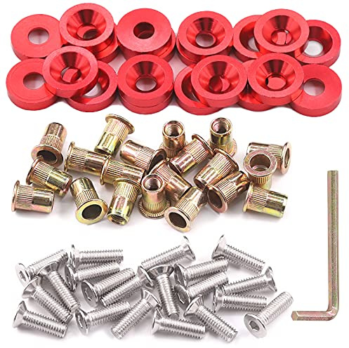 Glarks Juego de 61 arandelas rojas M6 de aluminio para defensa, arandelas de acabado CNC, cierre de bahía del motor, pernos de acero inoxidable y tuercas de remache de acero al carbono para