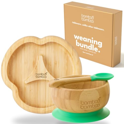 bamboo bamboo Baby Teller Baby Geschenk, Kindergeschirr set mit Sugnapf Teller Baby Schüssel und Baby Löffel, Kindergeschirr mit Saugnapf ab 6 Monaten (Divider, Grün)