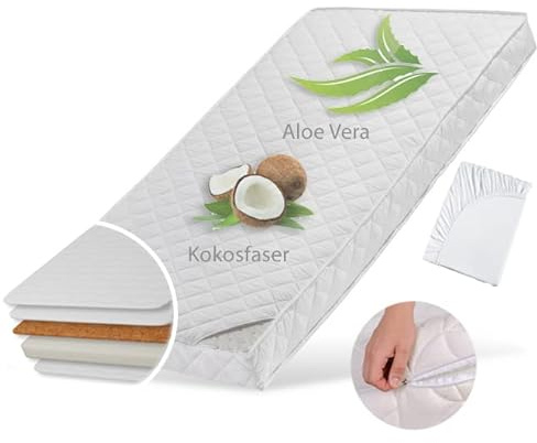 Kids Collective Babymatratze 60x120 cm KOKOS mit gestepptem Aloe Vera-Bezug, Spannbettlaken, 10 cm hoch, Babymatratze Kindermatratze 60 x 120 Kokos-Matratze für Babybett oder Kinderbett | bis 60kg