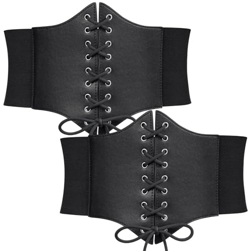 WERFORU 2 Stücke Frauen Tied Waspie Gürtel, Breiter Schnürgürtel für Damen, Korsett elastische Taille Gürtel für Halloween Party