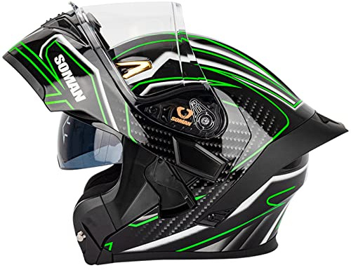 WYXAXNM Klapphelm Modularer Motorradhelm Rollerhelm Klappbarer Multifunktion Motorrad Helme mit Sonnenblende Doppelvisier Integralhelm DOT/ECE Zertifiziert Herren Damen,Schwarz Grün-S(55~56cm)