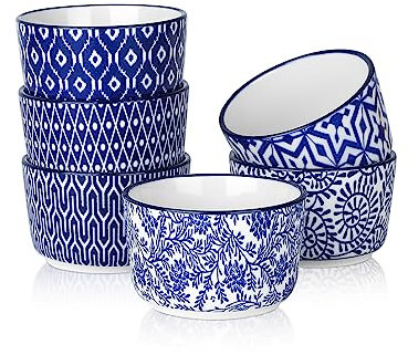 Selamica Ceramic 6 Oz Ramekins Oven Safe, Creme Brulee Ramekins, Souffle Dishes Custard Cups for Baking, Mini Bowls for Pudding Dip Ice Cream, Set of 6, Vintage Blue