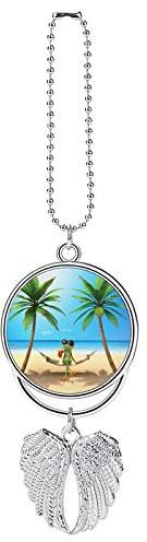 Frog Sunglasses Juice, Tropical Green Palm Tree Blue Ocean, Beach Custom Car Pendant, Exquisite Angel Wings Car Pendant, Zinc Alloy Car Pendant Chains for Men Women Gift Car Accessories Silver