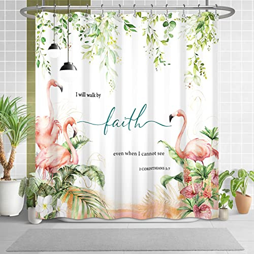Uiiooazy Pink Flamingo Shower Curtain Set Green Leaves Tropical Palm Leaves Waterproof Fabric Bathroom Shower Curtains Flowers Eucalyptus Bathtub Room Partition Divider Curtain 72x72 Inches with Hooks