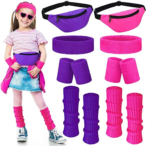 Giegxin 2 Set 80s Leg Warmers Set for Girls Kids Neon Ribbed Knit Leg Warmers Fitness Headband Wristbands for Halloween Party(Rose Red, Purple)