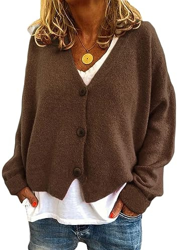 ticticlily Veste en Tricoté Femme à Manches Longues Col V Vestes Chaud Ample Manteau Gilet Chandail Décontracté Élégant Basique Automne Hiver Couleur Unie A Marron S