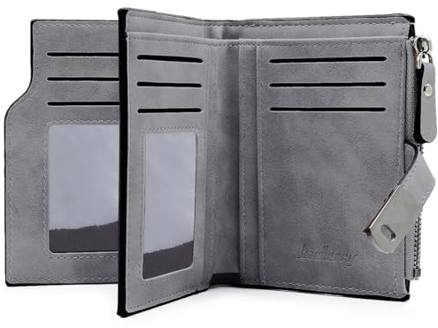 GOUNNU Geldbeutel Klein Damen, PU Leder Mini Geldbörse Klein und im Kurzformat Portemonnaie Damen Viele Fächer Portmonee mit 16 Kartenfächer und Reißverschluss Münzfach (grau)