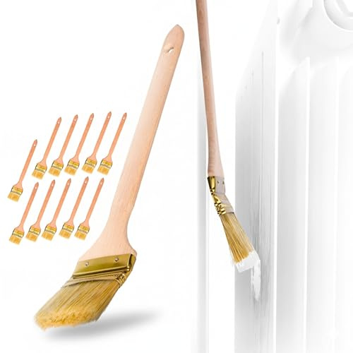ToolSpace Heizkörperpinsel 12x Eckpinsel 63 mm Premium Set Malerpinsel | Langer Stiel für Schwer Zugängliche Stellen Winkelpinsel Holzgriff Fassadenpinsel Naturborsten schräg Kopf präzises Streichen