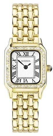 SEKONDA Monica Ladies 20mm Quartz Watch, Gold Alloy Case & Bracelet with Stone Set Bezel & White Dial 40642