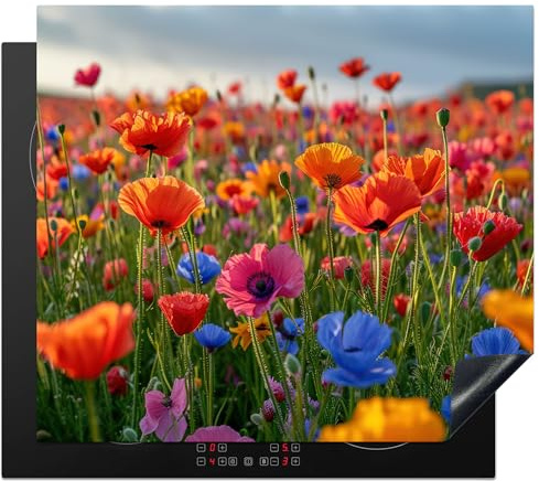 KitchenYeah© Herdabdeckplatte Einteilig Küche Ceranfeld Abdeckplatte | 60x52 cm - Cerankochfeld Abdeckung Induktionskochfeld Schutzmatte Blumen - Mohnblumen - Blumenfeld - Pflanzen - Frühling