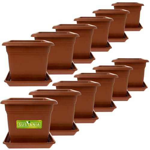 Sustania Vaso per piante quadrato 28x28 terracotta set di 12 - Robusto vaso da fiori grande, fioriera ideale per piante di pomodoro, vasi per piante quadrati in plastica per giardino e balcone