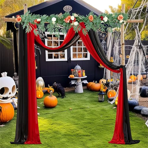 Surwin Hochzeit Vorhang Hochzeitsbogen 2 Stücke Chiffon Stoff Querbehang Deko Gardinen Vorhang Tüll Vorhänge Hochzeitsbögen für Fotografie Hochzeit Zeremonie Party (Schwarz Rot,75x300cm(10FT))