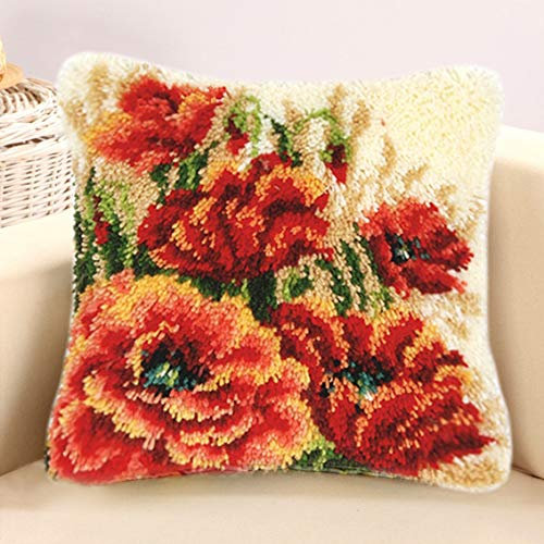 Taxpy DIY Knüpfkissen Zum Selber Knüpfen Set, Knüpfhaken-Set Kissenbezug Knüpfteppiche Set Kissen Knüpfen Latch Hook Kit Für Kinder Und Erwachsene,43x43cm(Blühende Blumen, J)
