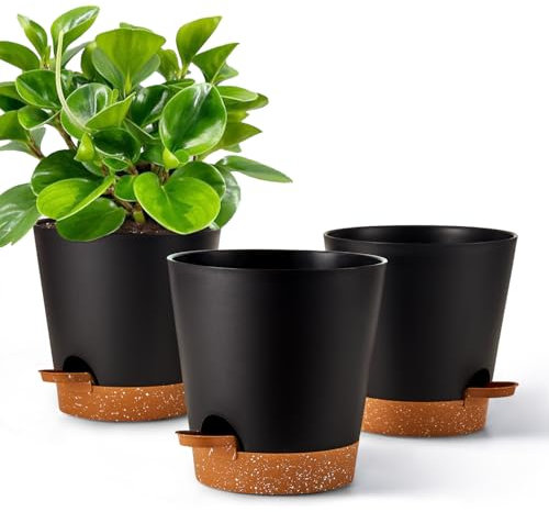 Gardrium Kunststoff Blumentopf Pflanzentopfs (17,8 cm) 3er-Set, Plastik Übertopf mit Ablauflöchern, Pflanzkübel für Innenbereich Balkon, Schwarz mit braunem Untersetzer