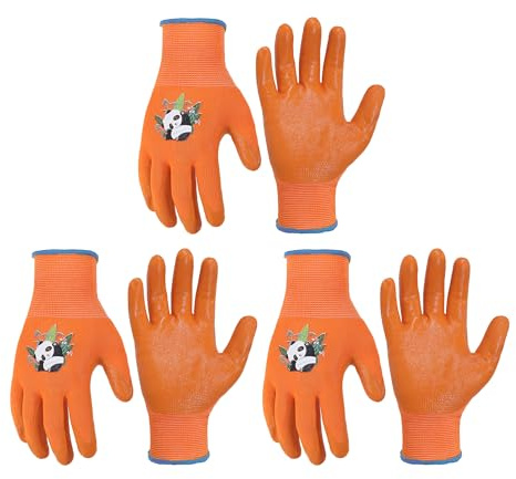 HANDLANDY 3 Paar Kinder Gartenhandschuhe für Alter 2-13, Kleinkind Kinder Garten Arbeit im Freien spielen Handschuhe, Gummi-Beschichtung, für Mädchen Jungen (Orange, Größe 3)