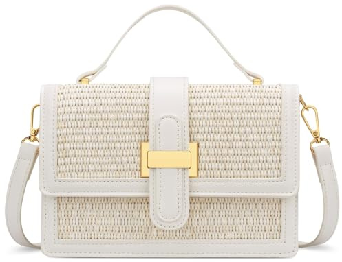 KKXIU Top Handle Straw Purse for Women, Summer Straw Crossbody Bag, Handbag Shoulder Clutch Beach Vacation Bag (A-White)