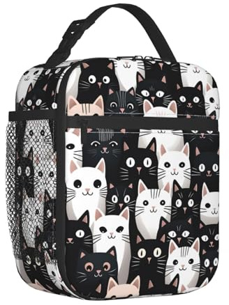 Mexpekil Black White Cat Insulated Lunch Bag for Women Men Thermal Lunch Box Portable Picnic Cooler Bag with Side Mesh Pocket Adults Lunchbox for Work