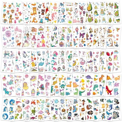 Zhtulck Temporary Tattoos for Kids, 800+ Mixed Kids Temporary Tattoos, Mermaid Animal Dinosaur for Party Bags Birthday Present Favors Supplies