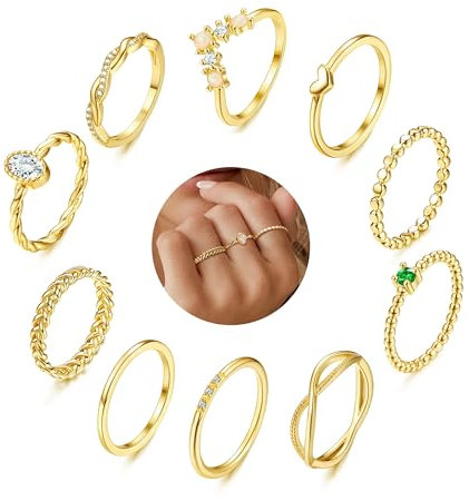 ORAZIO 10Pcs Gold Ringe Frauen 14 Karat Vergoldete Goldene Ringe Set Goldring Damen Stapelbare Fingerring Opal Zirkonia Daumenringe Damenring Wasserfest Gold Ring Schmuck für Damen Größe 60