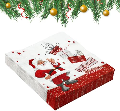 Lot de 40 serviettes de Noël - 33 x 33 cm - Rouge - Père Noël - 2 serviettes en papier jetables - Pour l'hiver, Noël, décoration de table (A)