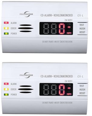 Protector C11-L CO-Melder batteriebetrieben | Hochpräziser langlebiger CO-Melder 2er Set mit beleuchtetem Display | Detektiert Kohlenmonoxid (CO) für Ihre Sicherheit | Ideal für Wohnwagen und Zuhause