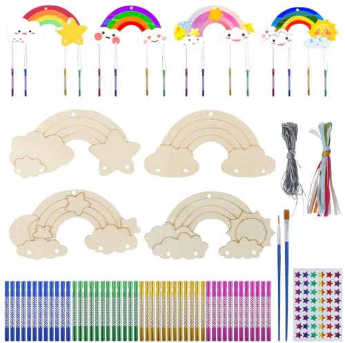 Lot de 12 carillons éoliens en bois arc-en-ciel - Carillon sonore - Bricolage artisanal à peindre - Bois à peindre - Pour filles et garçons - Anniversaire d'enfant