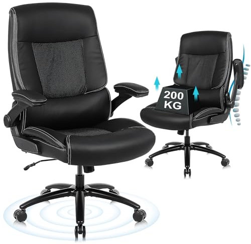 Youhauchair Bürostuhl 200kg für schwere Menschen, Chefsessel aus PU-Leder, Bürostuhl Ergonomisch mit hochklappbarer Armlehne, Schreibtischstuhl Office Chair für Home Office, Schwarz