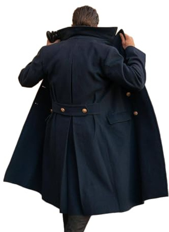RAJEGAR Cappotto da uomo in lana e tweed, invernale, vintage, aderente, con revers a punta, doppio petto, trench, blu navy, M
