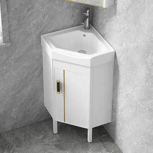 ITETONE Petit Meuble de Salle de Bain d'angle avec lavabo, Meuble de Salle de Bain sur Pied, lavabo en céramique, lavabo d'angle, lavabo en céramique, pour Petit Espace (38 cm/15 Pouces)