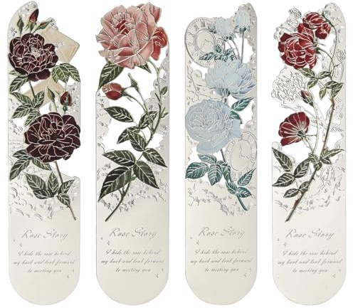 Snylcce Metall Blume Lesezeichen 4er Set - Exquisite Silber Rose Seite Marker für Frauen, Ideale Geschenke für Buch-Liebhaber, Lehrer & Studenten, Perfekt für das Lesen, Buch-Clubs & besondere Anlässe