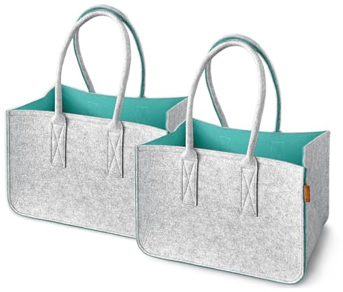MIQIO Filz Shopper | 2-er Set | Einkaufstasche mit Henkel und Innentasche | Einkaufskorb | Tragetasche Filz| Aufbewahrungskorb | Hellgrau-Petrolblau