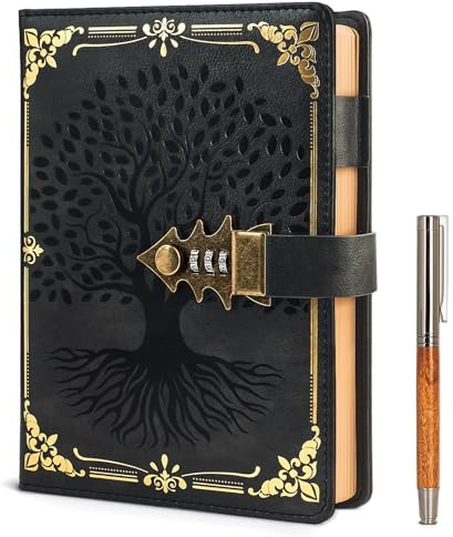 WEMATE Tagebuch mit Schloss und Geschenkbox, A5, 260 Seiten, nachfüllbar, Hardcover Passwort Notizbuch, Vintage Lock Journal, Mädchen, Männer, Studenten, 21,8 x 14,7 cm (Schwarz)